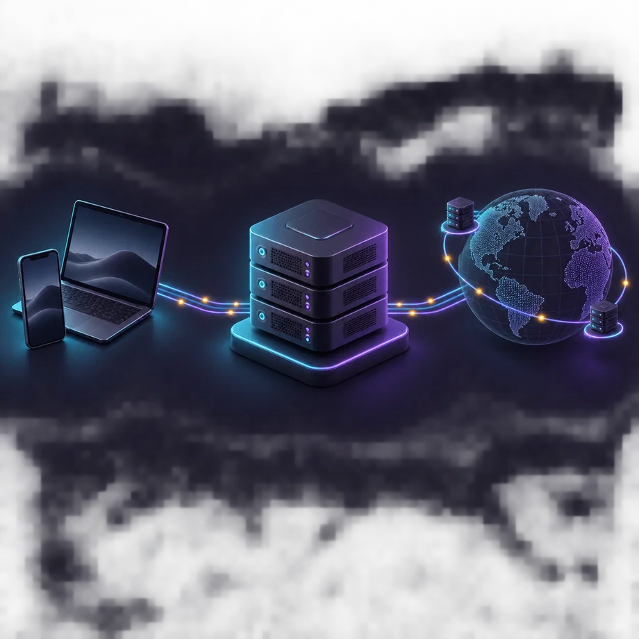 A laptop and phone connect to the internet through a VPN server. Glowing lines show the path of data flow.